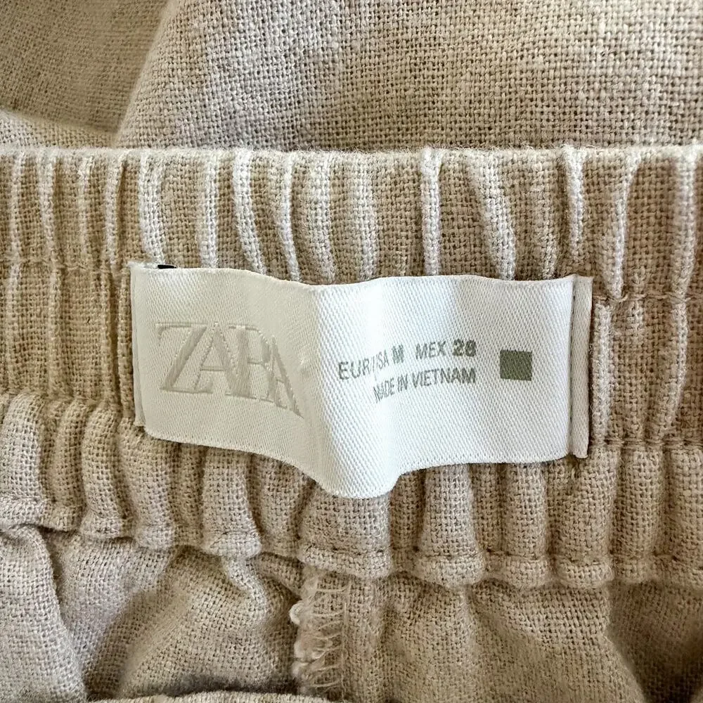 Zara Linen Blend Wide Leg Pants Beige Oatmeal Elastic Waist Size M EUC